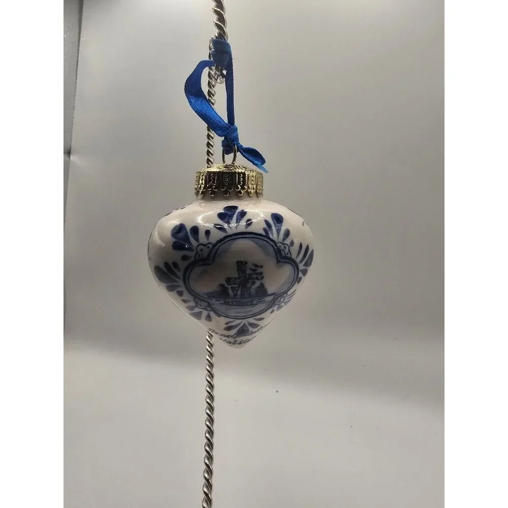 Holland Delft Blue Windmill Hand-Painted Porcelain‎ Christmas Ornament With Gold